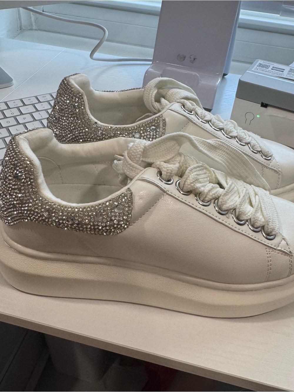 Steve Madden White Platform Sneakers with Crystal-Embellished Heel